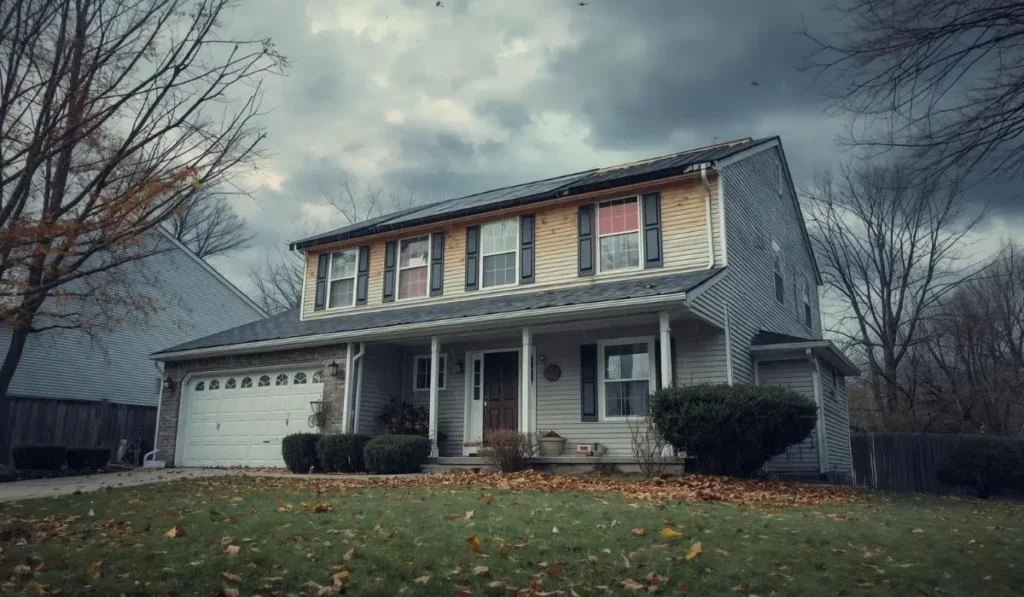 A two-story suburban house with visible roof damage after a late-fall storm, showing missing shingles and scattered debris under a cloudy sky.