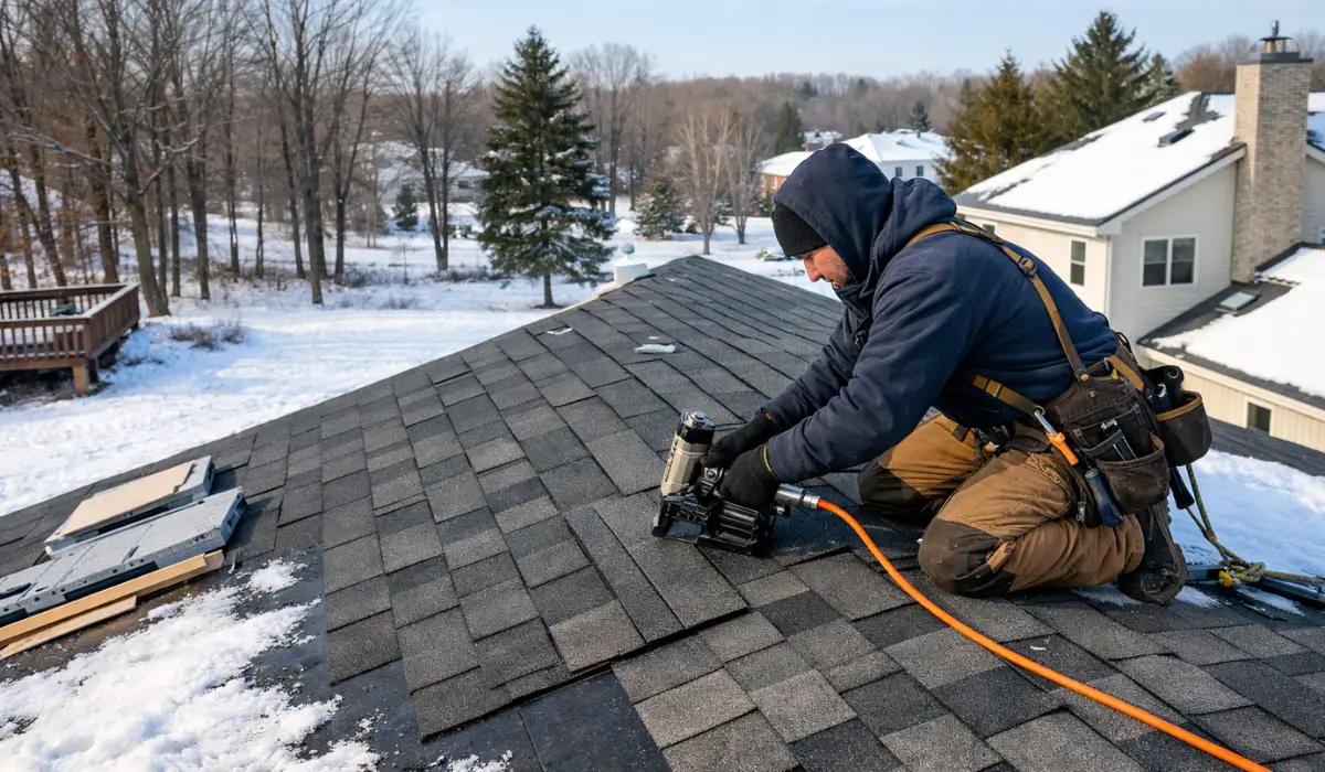 Contractor installing new roof shingles during winter on residential home to prevent seasonal storm damage.