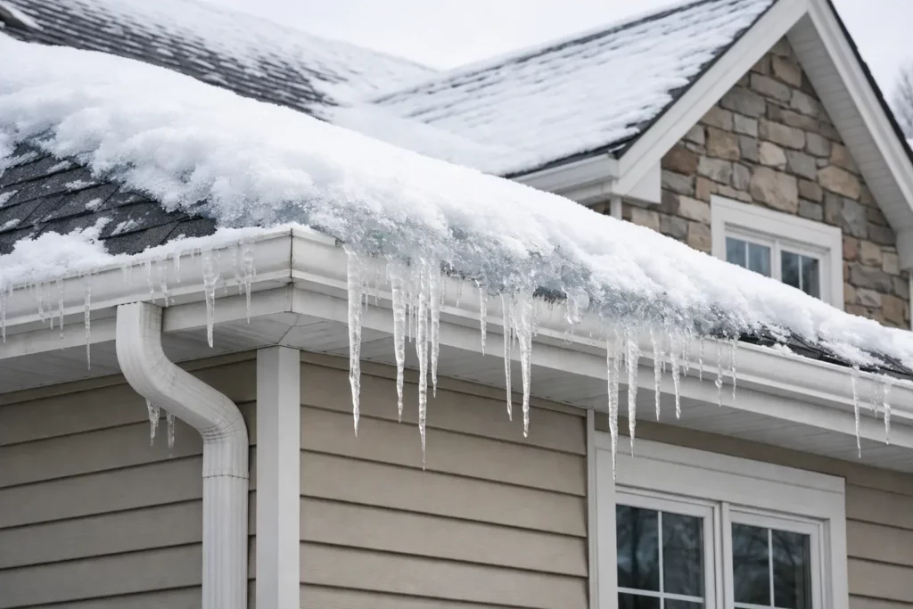 Frozen gutters with icicles and ice dam buildup along a residential roof edge