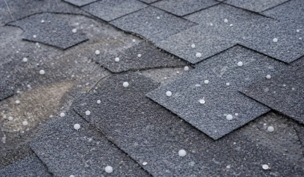 Hail damage roof inspection showing hailstones hitting asphalt shingles during active storm causing potential roof surface damage