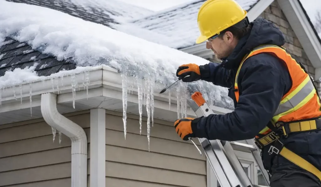 Roofing contractor inspecting frozen gutters and ice buildup on a residential roof in winter