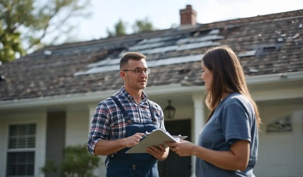 Homeowner discussing roof repair options with contractor after storm damage
