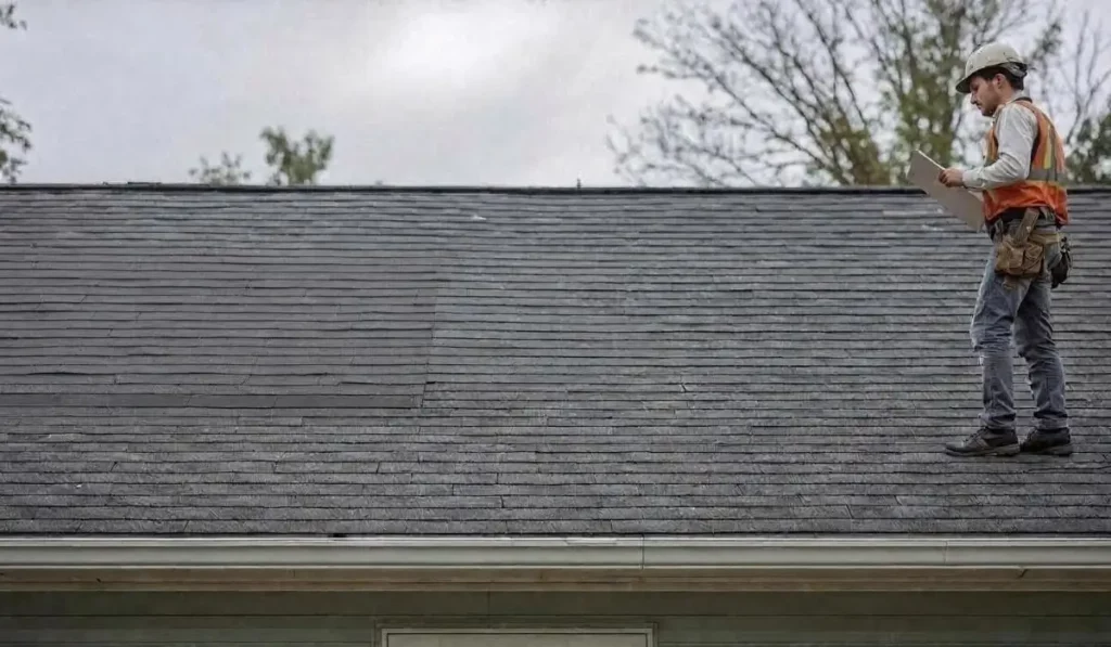 Roof repair inspection by contractor assessing storm damage on residential roof
