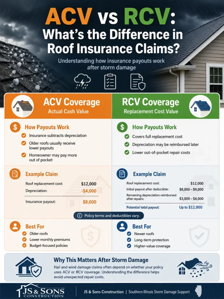 ACV vs RCV roof and siding damage insurance claim comparison chart showing storm damage coverage payout differences.