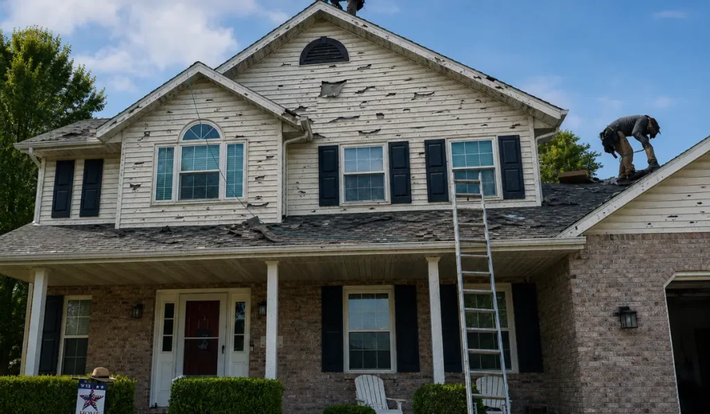 Roof and siding damage from hail storm on Southern Illinois home during insurance roof repair inspection.