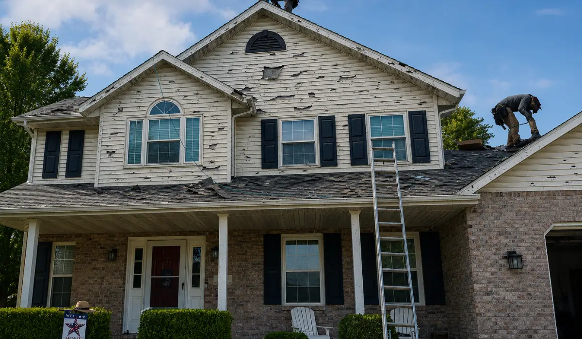 Roof and siding damage from hail storm on Southern Illinois home during insurance roof repair inspection.