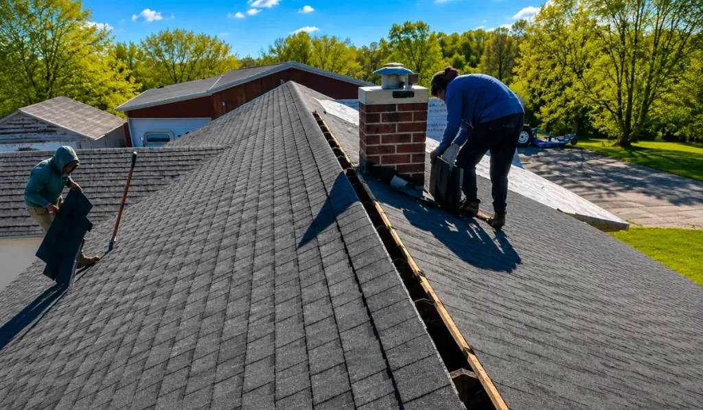 Roofers preparing to Replace Your Roof during spring residential shingle installation project on suburban home.