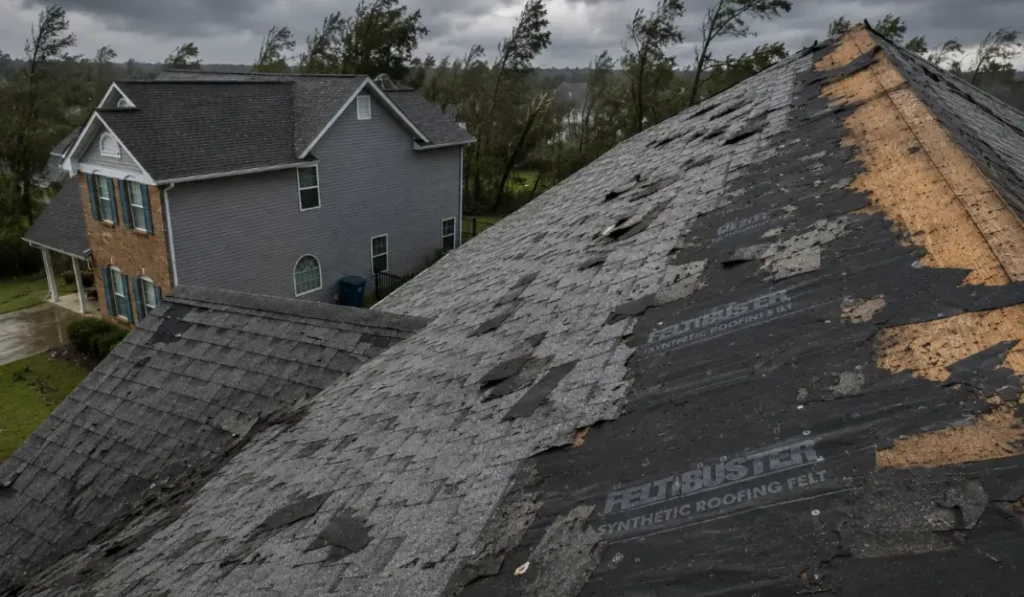 Spring Storm Damages removed shingles exposing roof decking after severe weather impacted residential neighborhood homes.