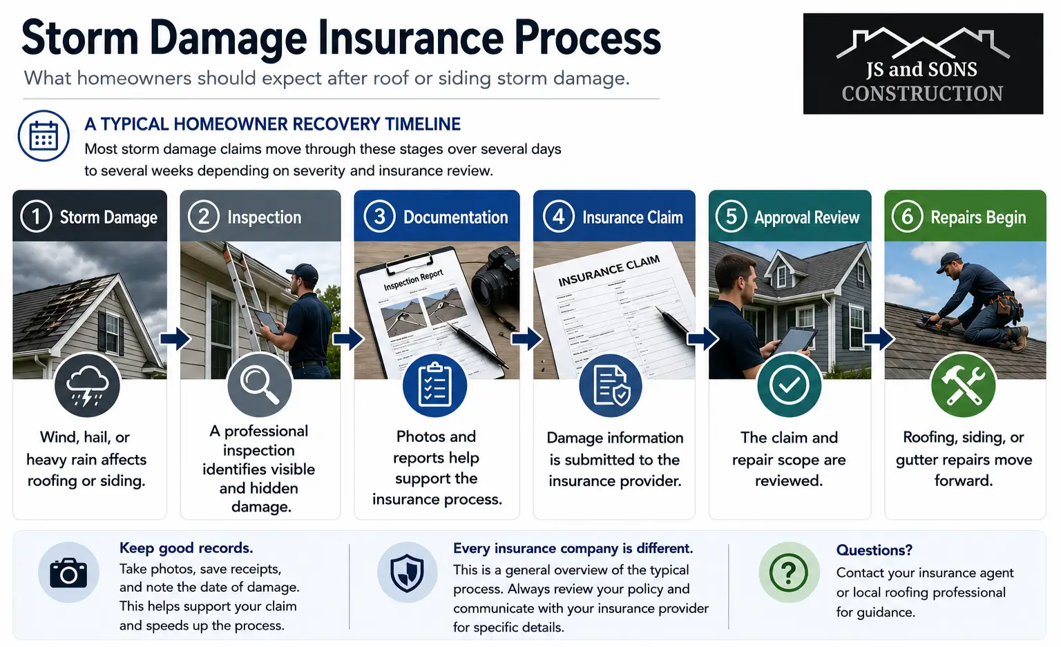 Infographic showing the spring storm damages insurance process for homeowners, including storm damage inspection, documentation, insurance claim filing, approval review, and roof repair steps after severe weather.