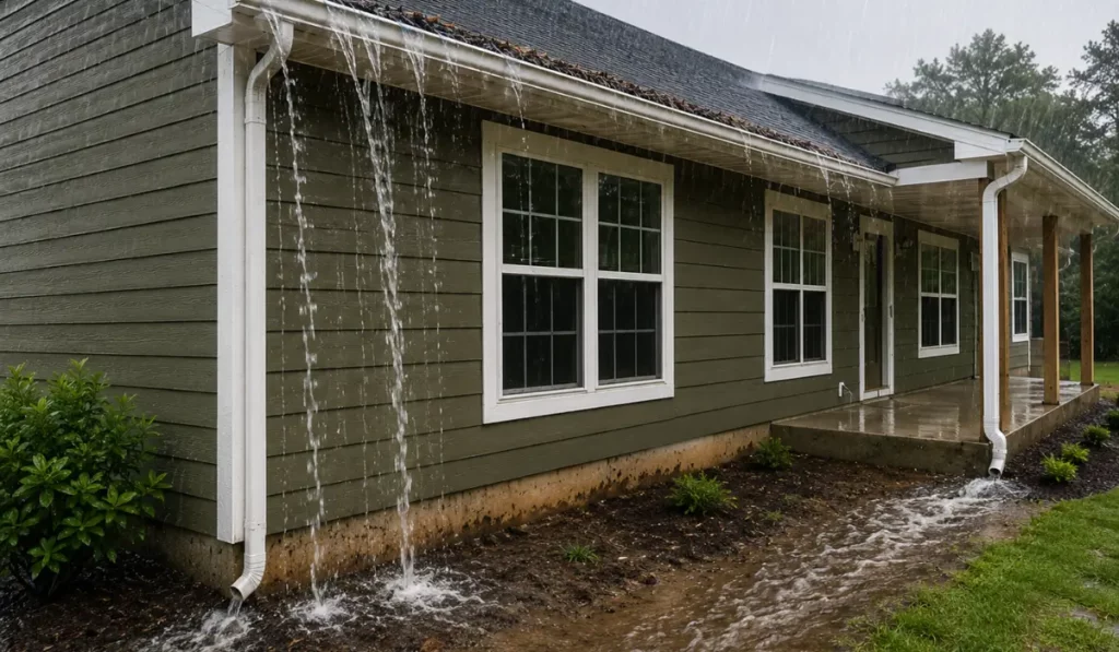 Clogged gutter damage causes overflowing rainwater around roof, siding, foundation, and landscaping during heavy rainfall conditions.