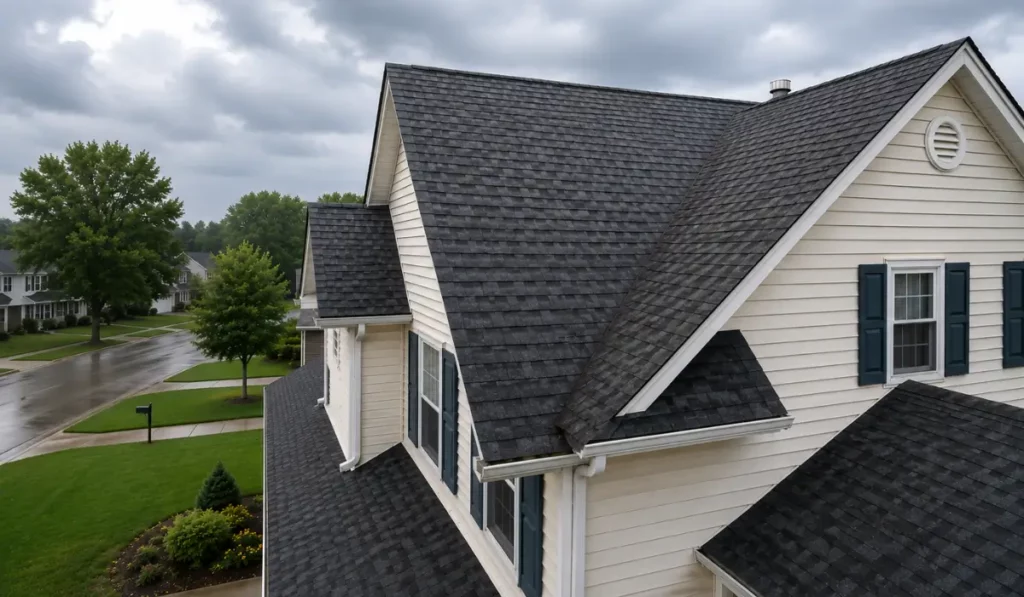 Home Exterior Inspection view showing residential roof, siding, and gutters beneath dark clouds before summer storms arrive.